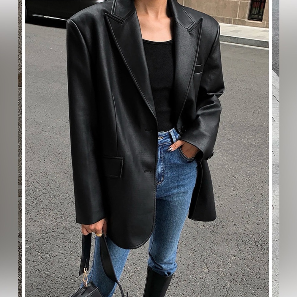 Classic Black Faux Leather Women's Blazer - Picture 4 of 7